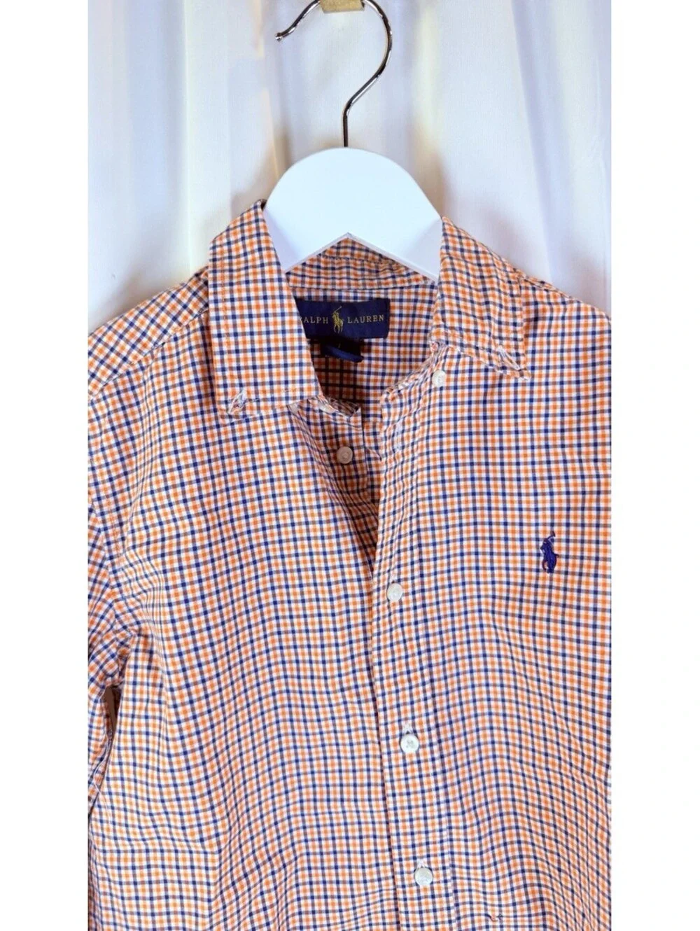 RALPH LAUREN Orange Blue Plaid Cotton Button Down Logo Shirt. Boys 7 Preppy